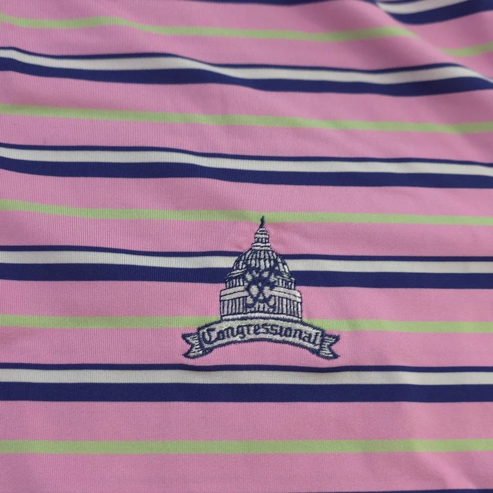 RLX‎ Ralph Lauren Polo Large Pink Blue Striped Congressional Logo Short Sleeve
